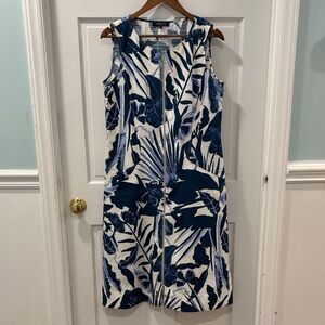 Lafayette 148 Floral Midi Shift Dress Size 8 Blue/White Full Front Zipper EUC